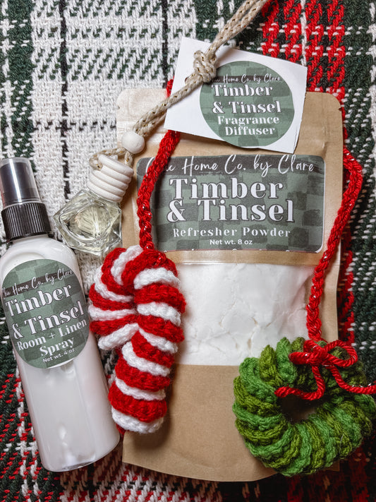 Timber and Tinsel Refresher, Room Spray, Diffuser + Crochet Car Charm Bundle