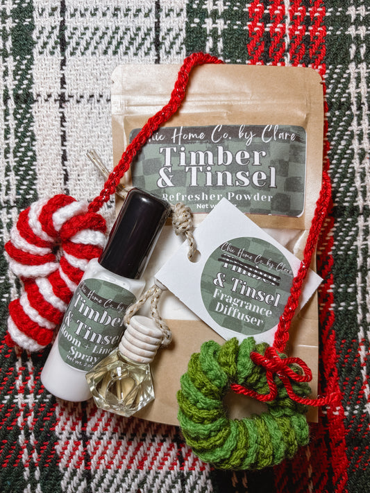 Timber and Tinsel Refresher, Mini Room Spray, JUST THE TINSEL Diffuser + Crochet Car Charm Bundle