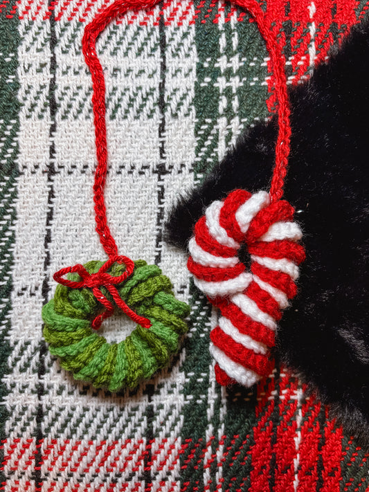 Candy Cane & Wreath Crochet Car Charm